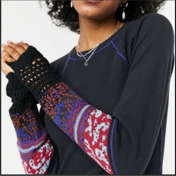 Free People In The Mix Patchwork Cuff Black Thermal Tee S Black Combo - Picture 1 of 16